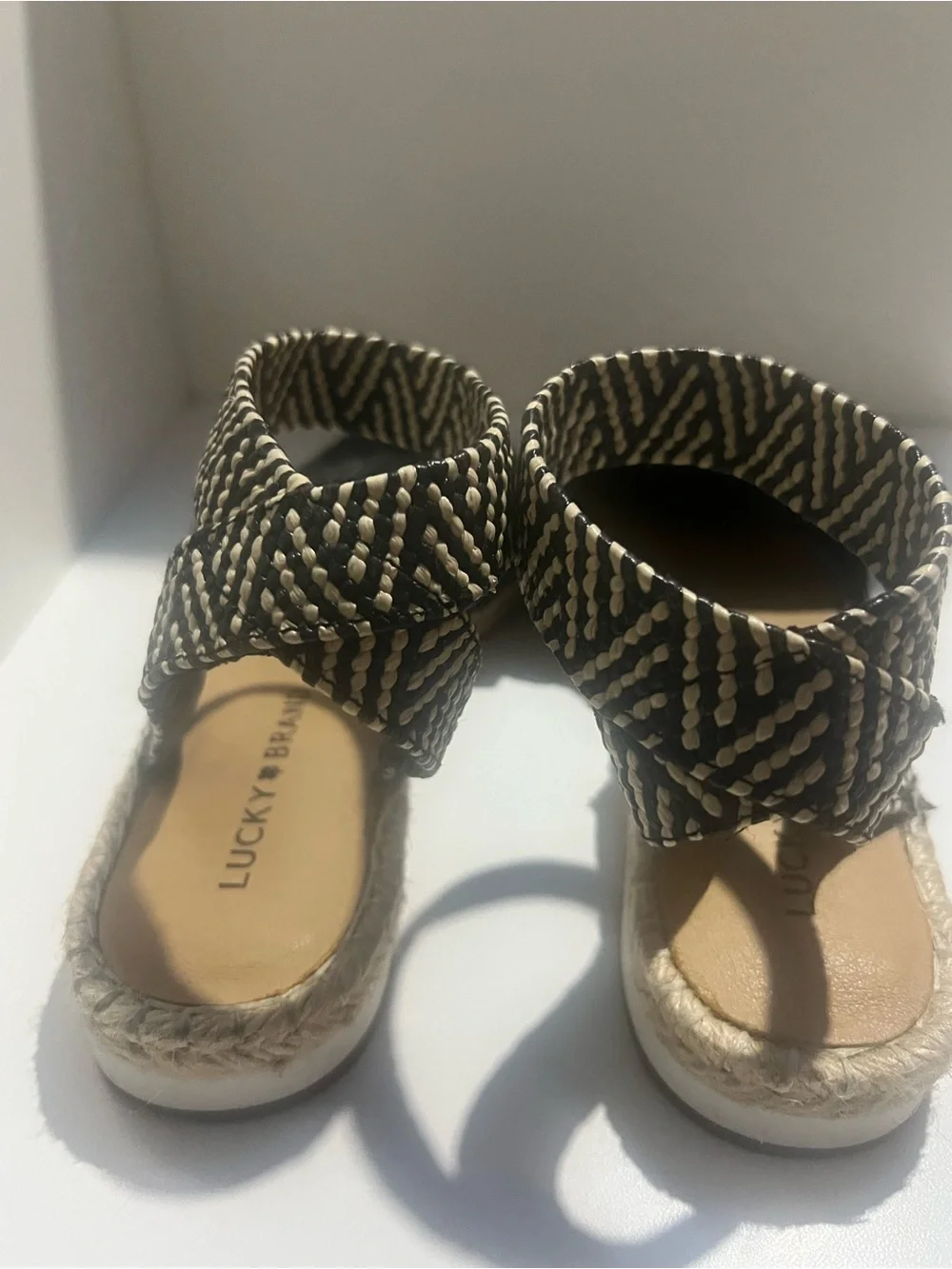 Lucky Brand Renka Black Leather Espadrille Ankle Strap Sandals Boho Chevron